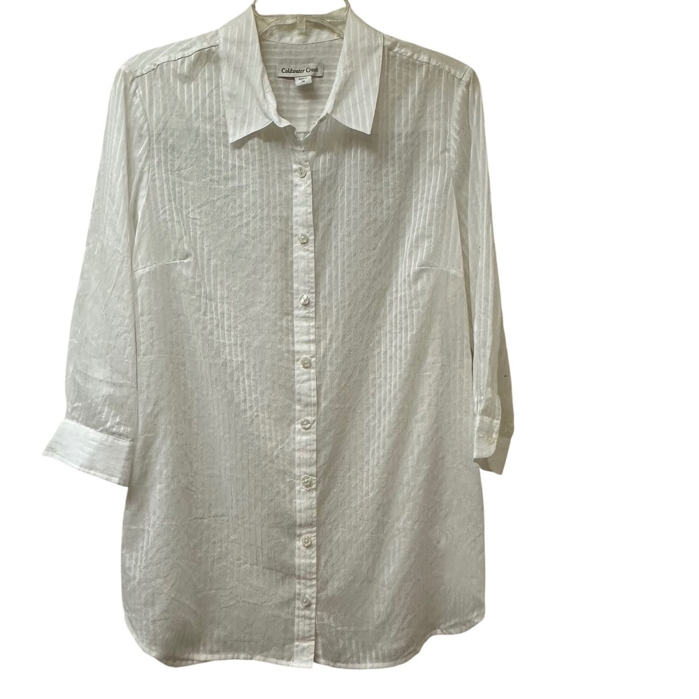Coldwater Creek White Sheer Stripes Tunic Cotton 3/4 Roll Tab Sleeve Shirt L NEW